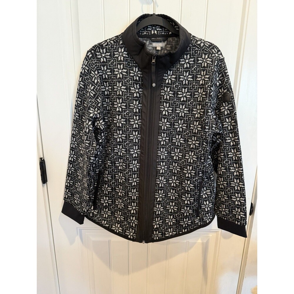 T By Talbots Jacket Womens XL Black Fair Isle Snowflake Fleece Full Zip Ski